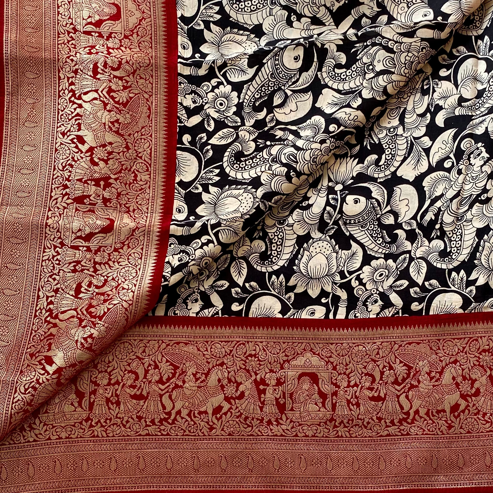 Jet Black Kalamkari Premium Tussar Silk With Deep Maroon Pallu