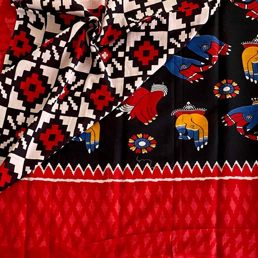 Scarlet Ikat Saree Black Pallu Elephant Motifs White Zigzag Border