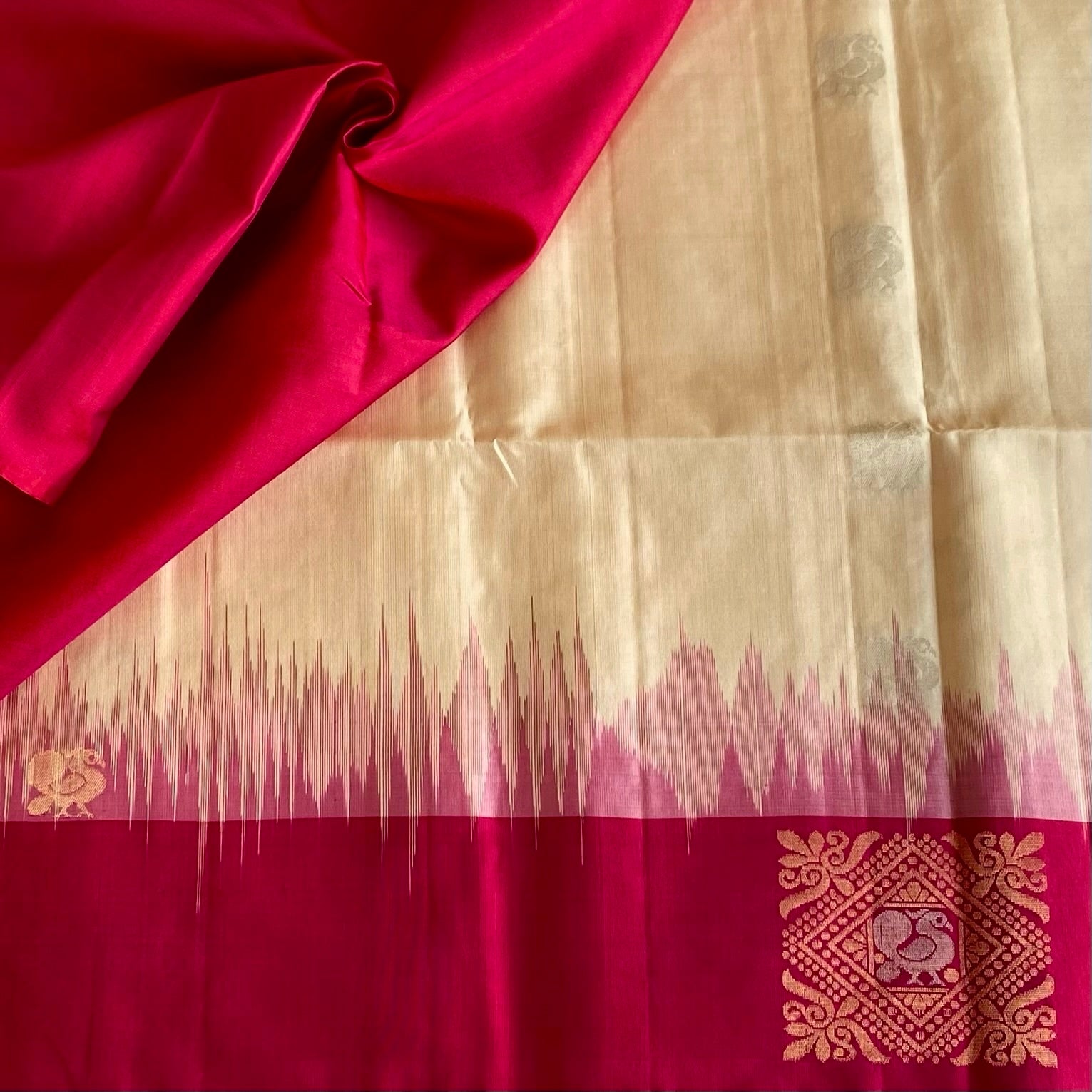 Ivory Pearl Designer Pure Silk Saree With Rani Pink And Gold Brocade