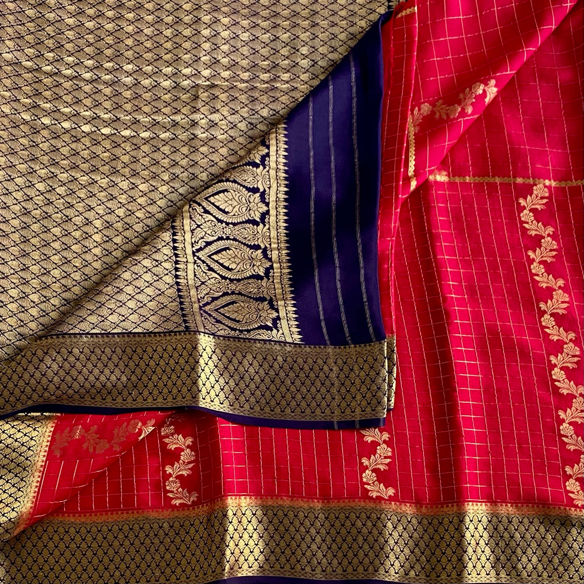 Cherry Pink Mysore Crepe Silk Saree With Navy Blue Pallu