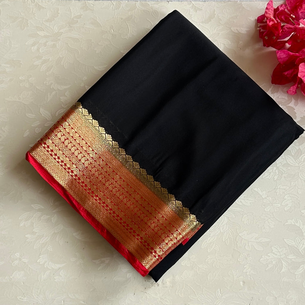 Deep Black with crimson red blended crepe silk with brocade blouse