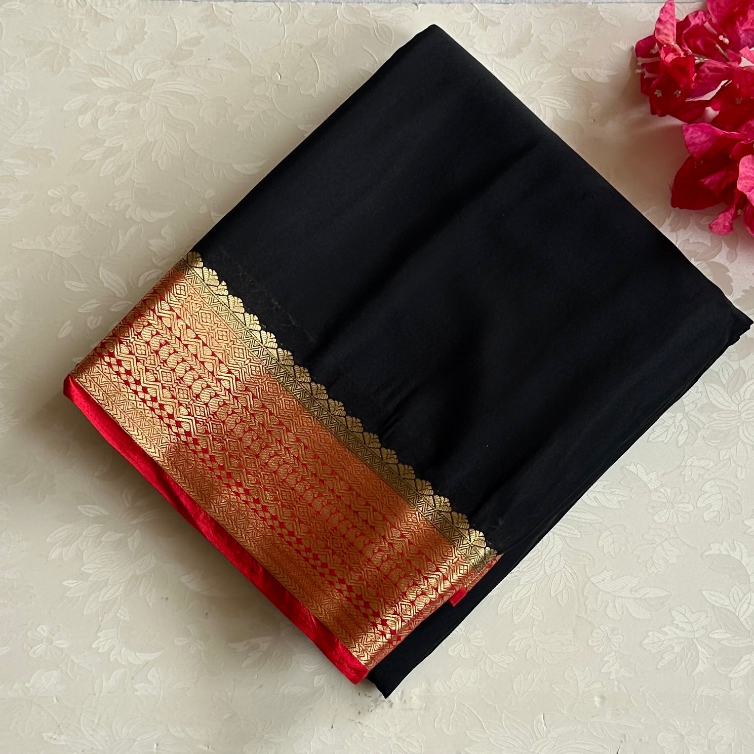 Deep Black with crimson red blended crepe silk with brocade blouse