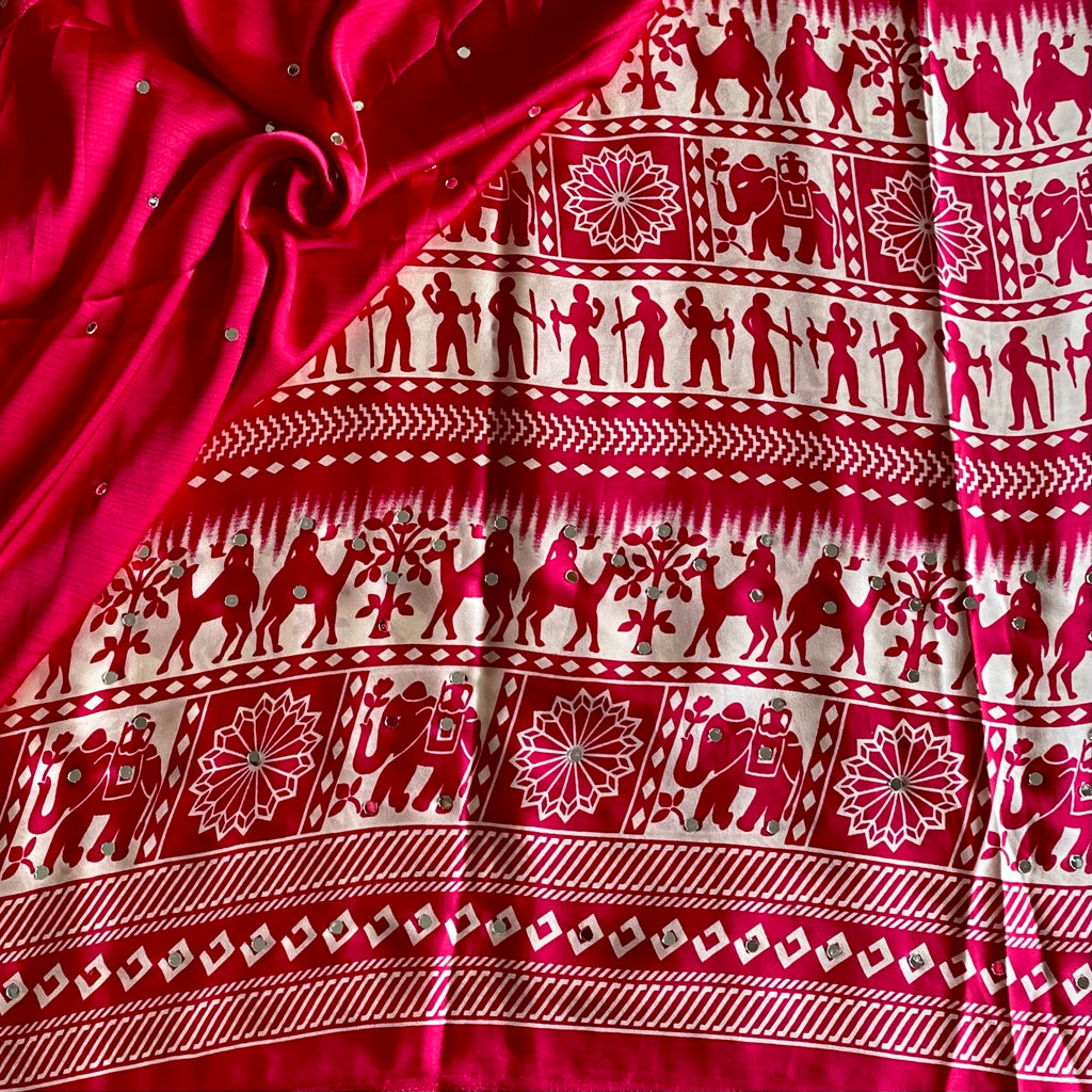 Rani Pink Soft Satin Saree With Ivory Prints And Mirrors