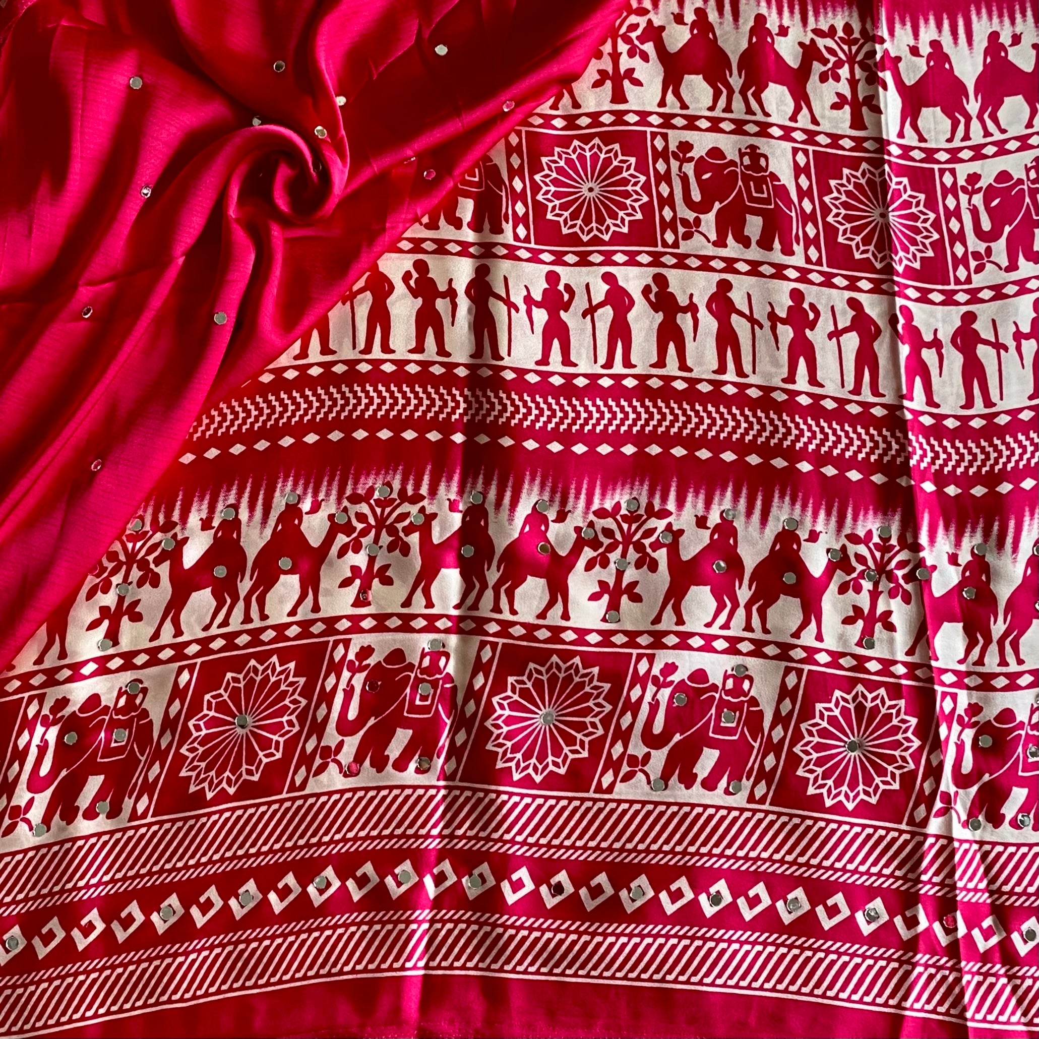 Rani Pink Soft Satin Saree With Ivory Prints And Mirrors