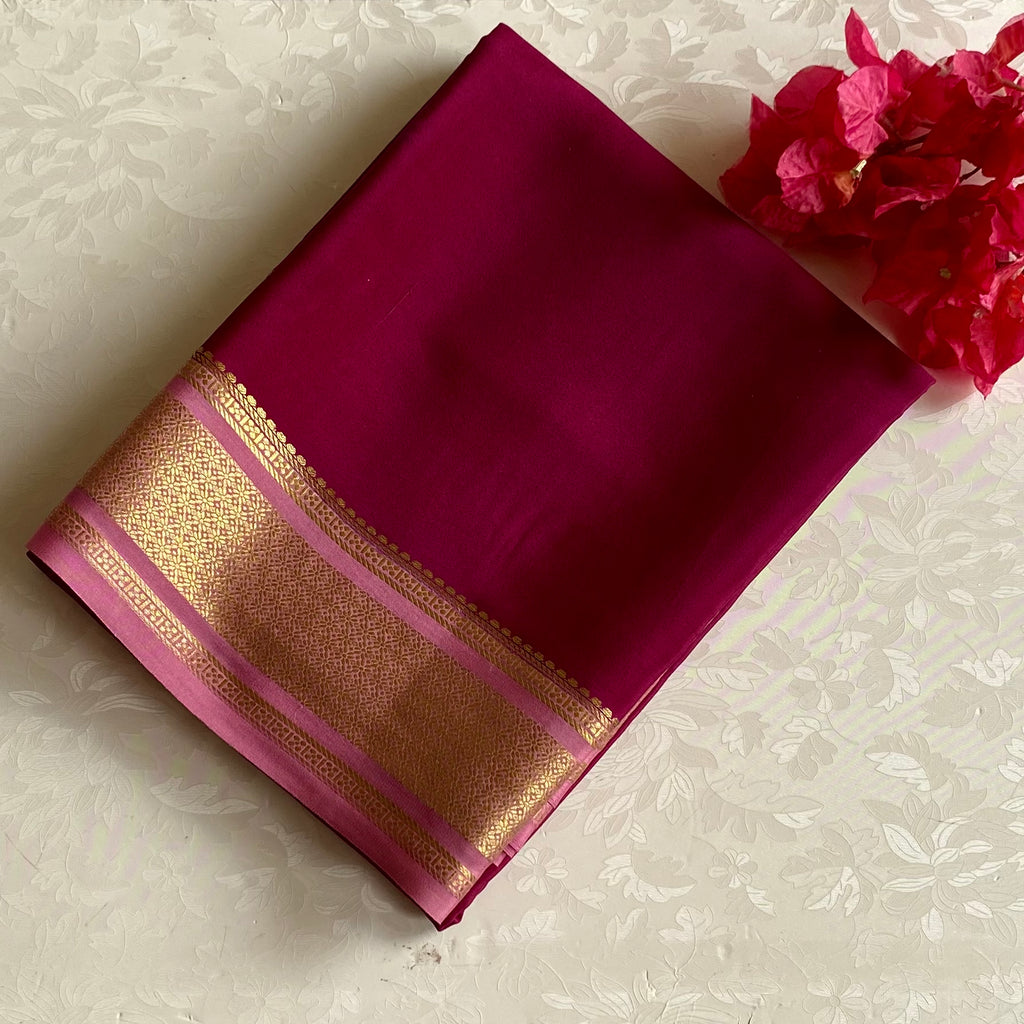 Mysore Crepe Silk Deep Wine Magenta Saree With Rose Pink Pallu