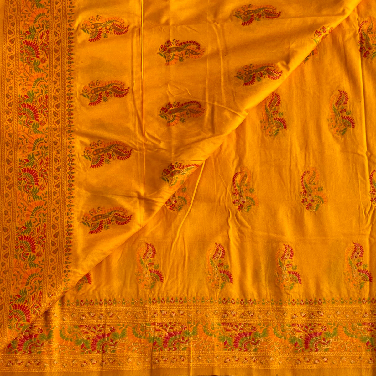 Sunset Yellow Meenakari(Woven not printed )Soft Tussar Saree With Vibrant Woven Pallu