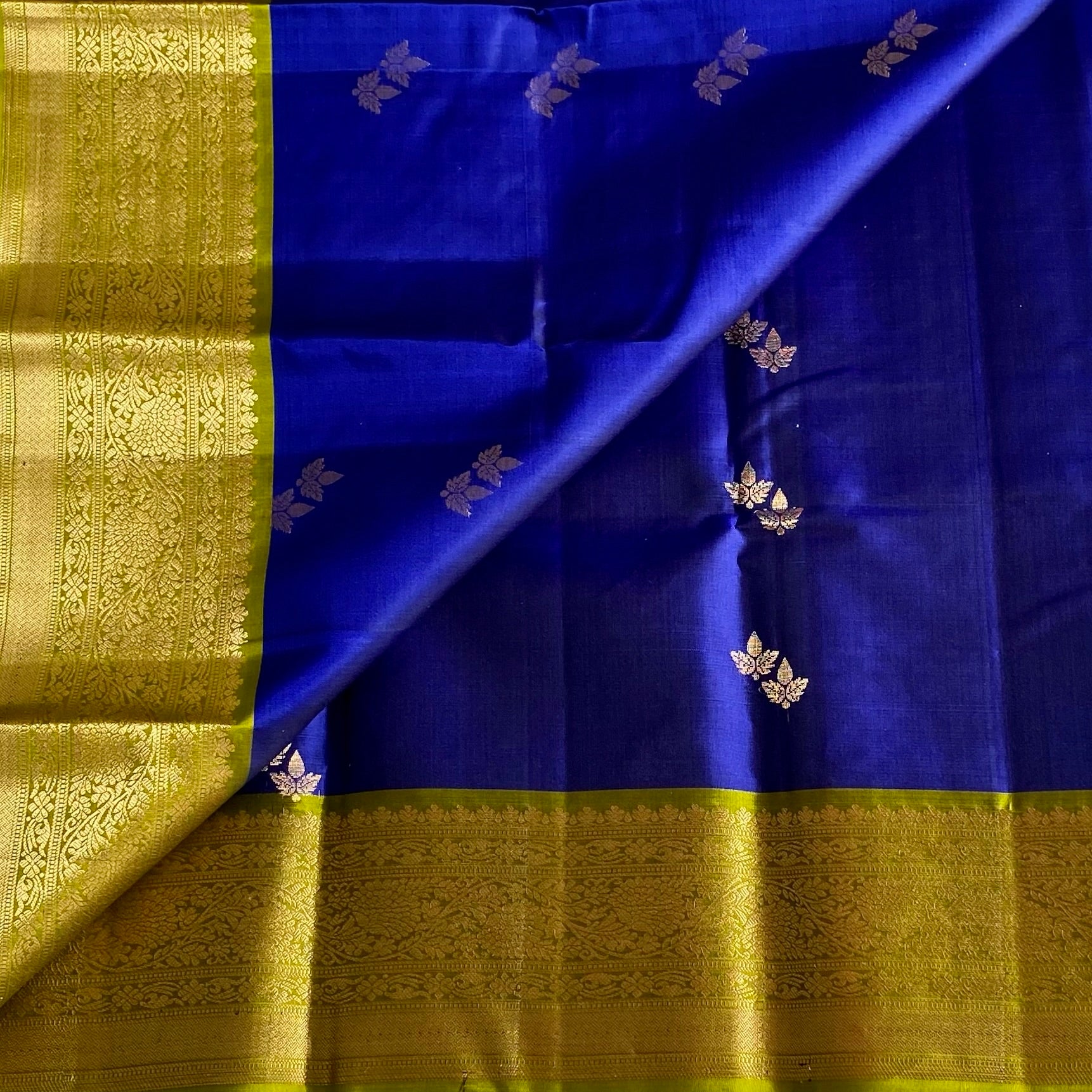 Royal Blue Designer Pure Silk with Stunner Olive n Gold buttas Contrast