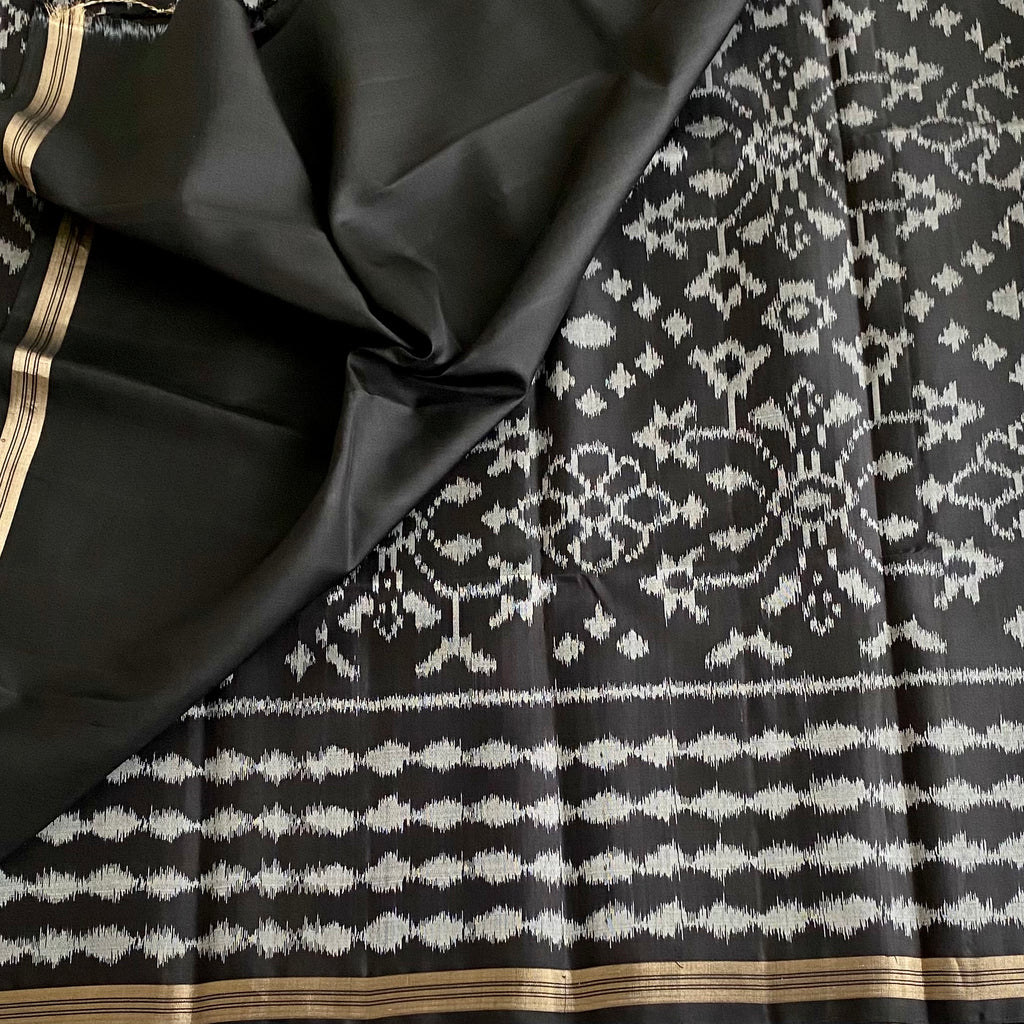 Jet Black Silver Gray Designer Pure Silk Ikat Saree With Zari