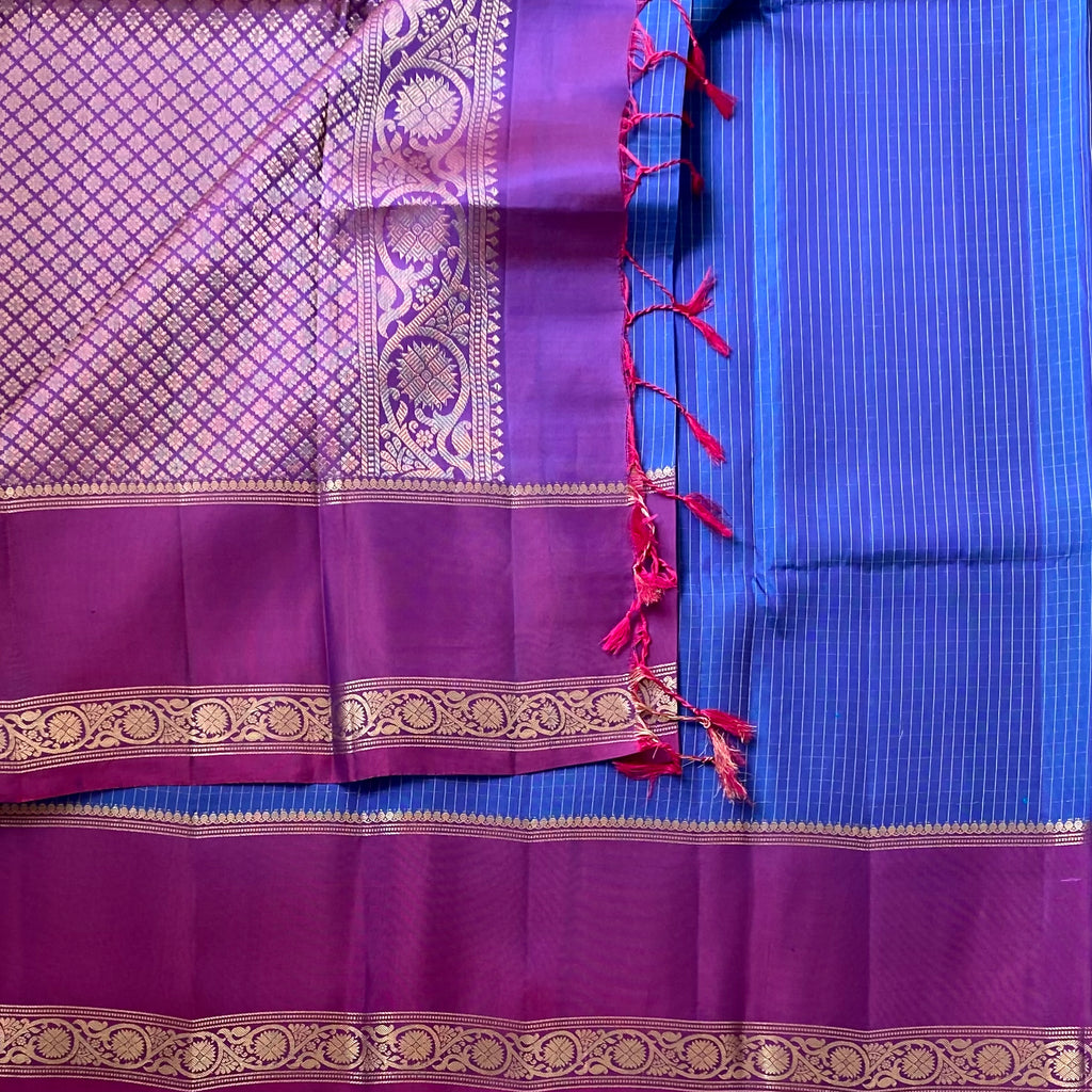 Magenta Gold Brocade Silk Saree with Blue Contrast Pallu Traditional