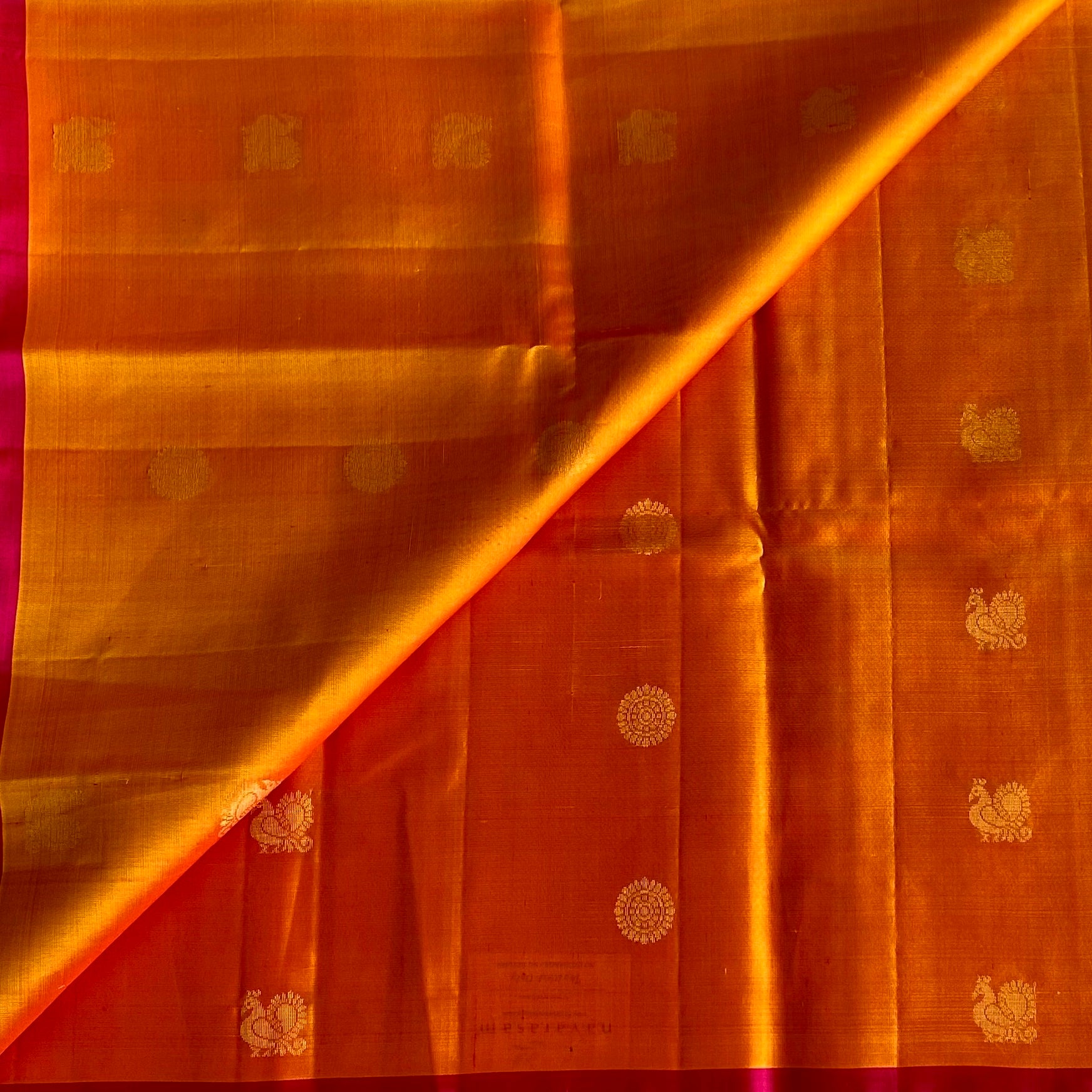 Sunset Orange Designer Pure Silk Saree With Rani Pink Pallu