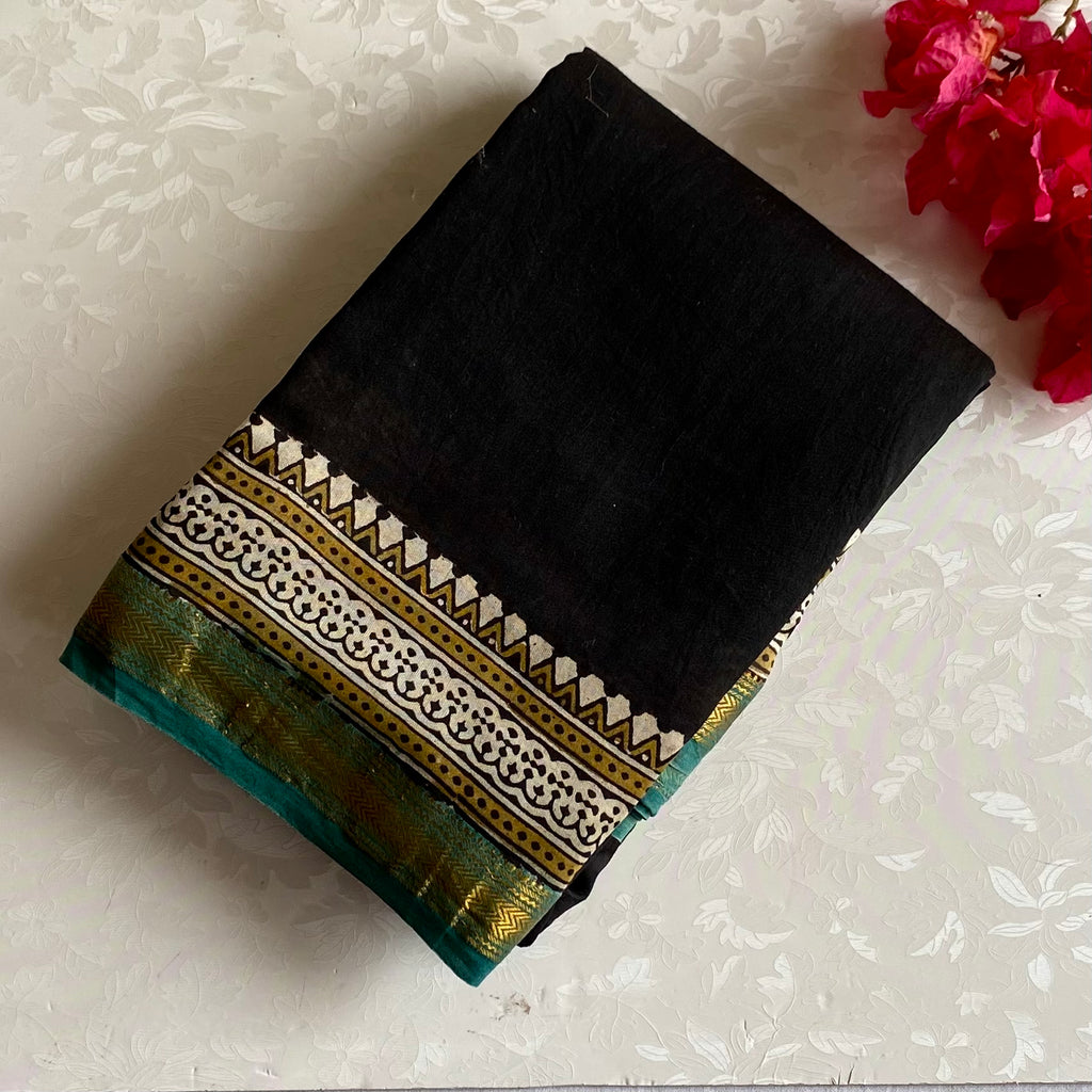 Jet Black Maheswari Soft Silk Cotton With Teal Green Pallu