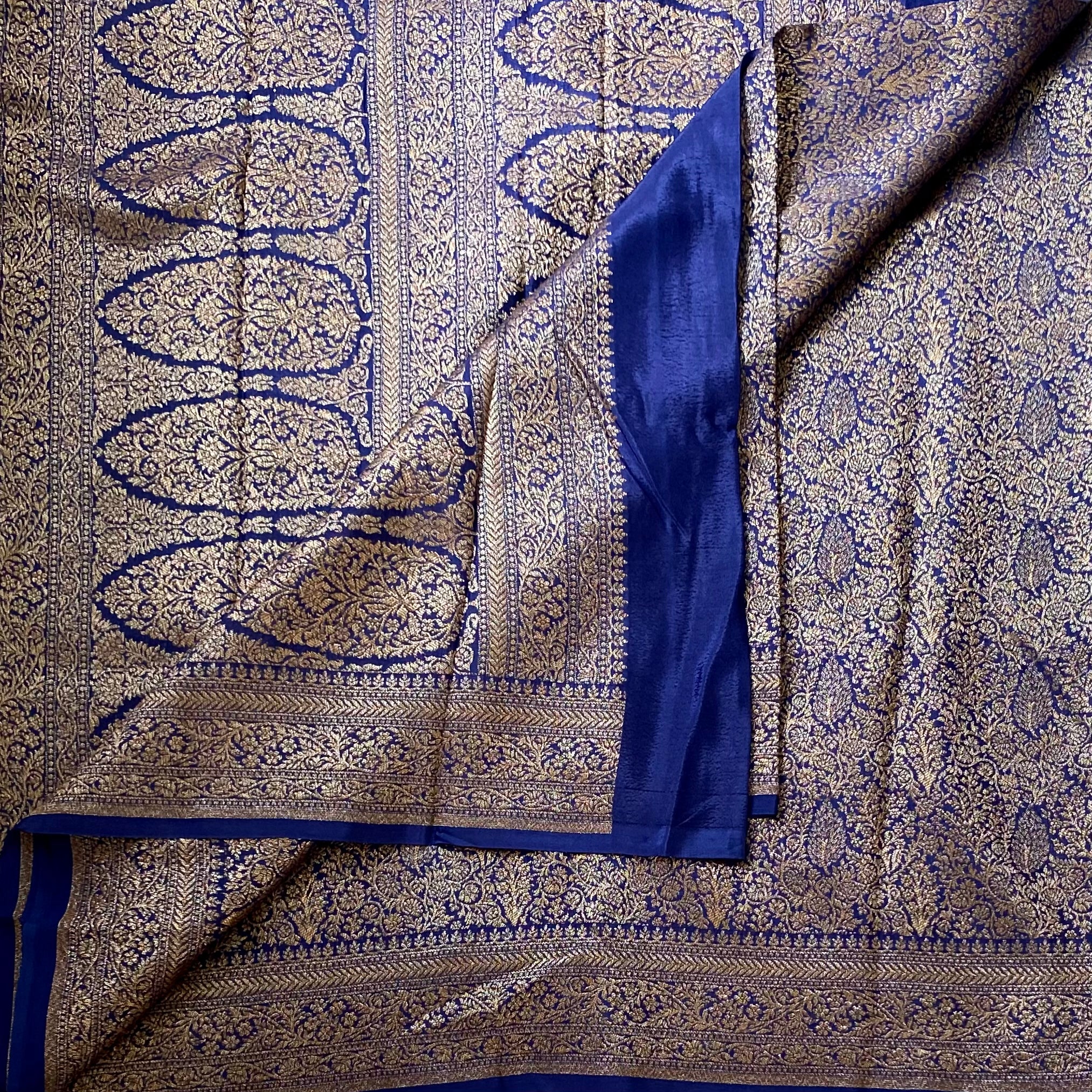 Royal Blue Brocade Saree Antique Gold Paisley Panels Rich Floral Border