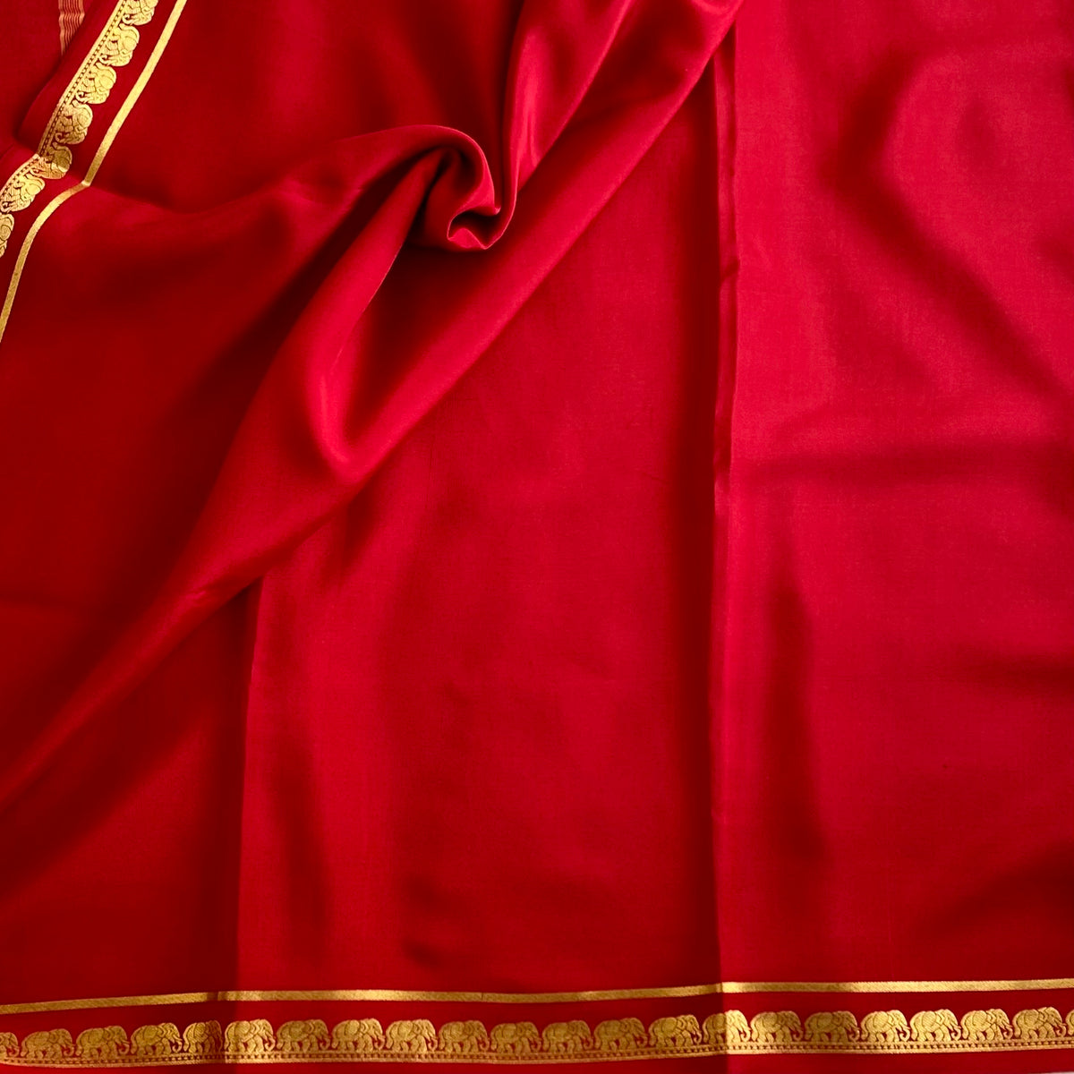 Crimson Red Mysore Crepe Silk Saree With Metallic Gold Stripes
