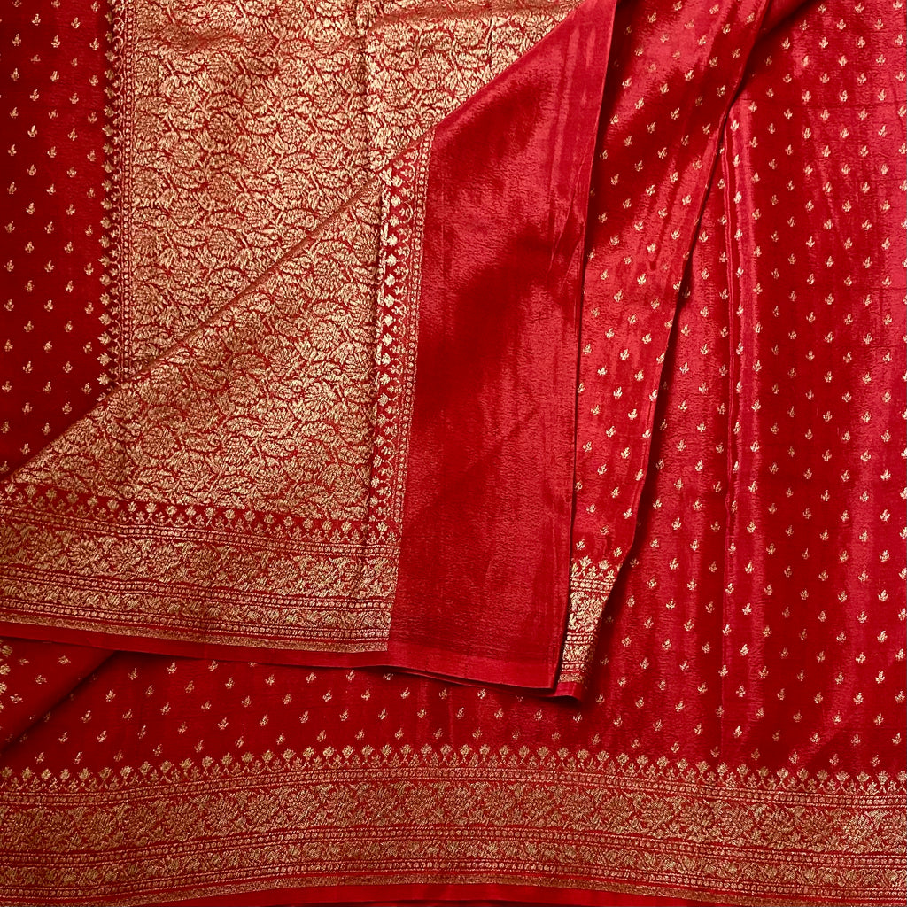 Elegant Ruby Red Saree Gold Brocade Wide Border Floral Pallu