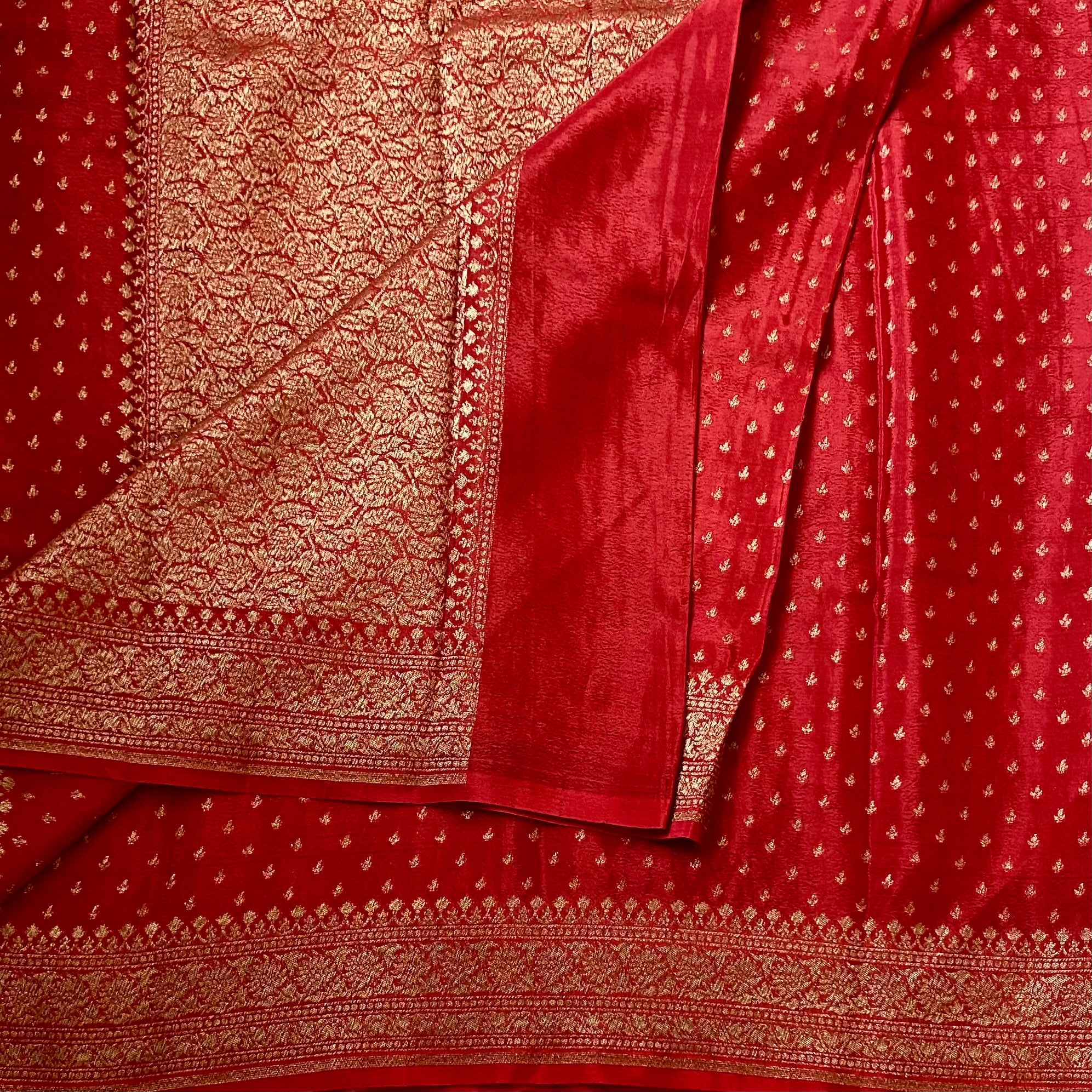 Elegant Ruby Red Saree Gold Brocade Wide Border Floral Pallu
