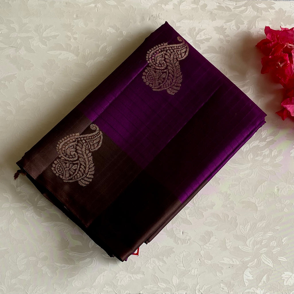 Chocolate Brown Designer Pure Silk Saree With Royal Purple Pallu
