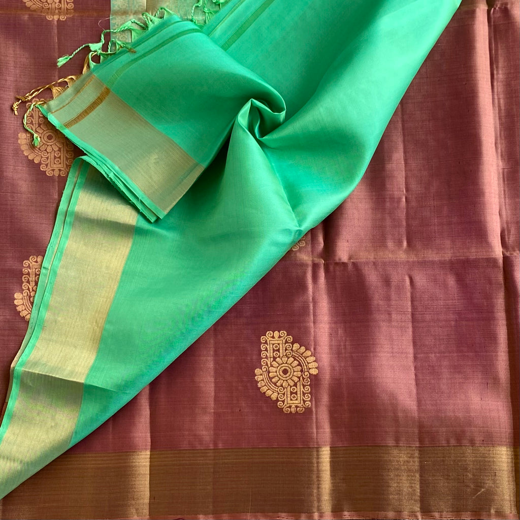 Rare Bronze Copper Designer Pure Silk Saree With Sea Green Pallu