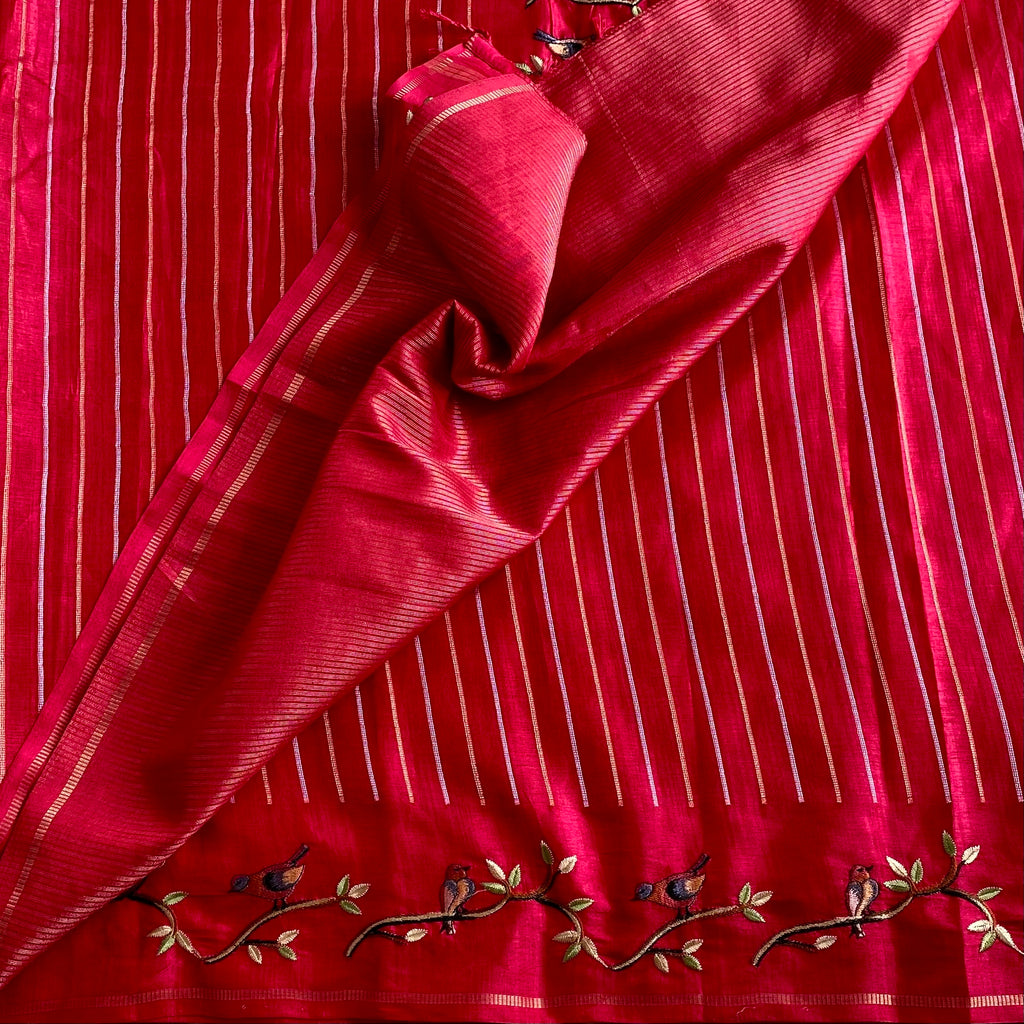 Rani Pink Soft Tussar With Stripes & Designer Embroidered Borders