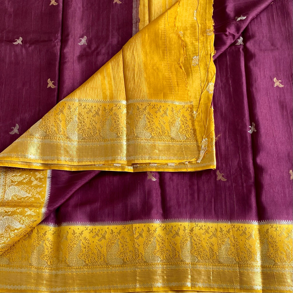 Deep Maroon With Yellow Soft Tussar Silk Saree With Mustard Yellow Pallu