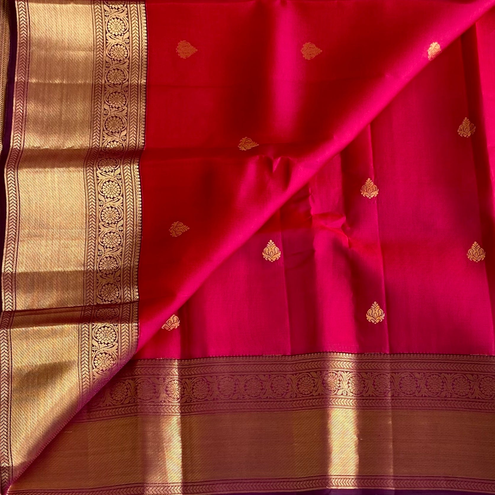 Rani Pink Designer Pure Silk Saree With Plum Purple Pallu