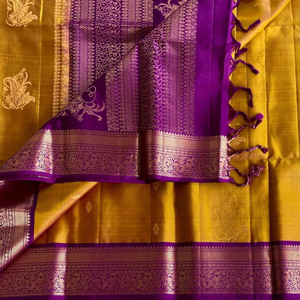 Mustard Gold Designer Pure Silk Saree With Royal Purple Pallu