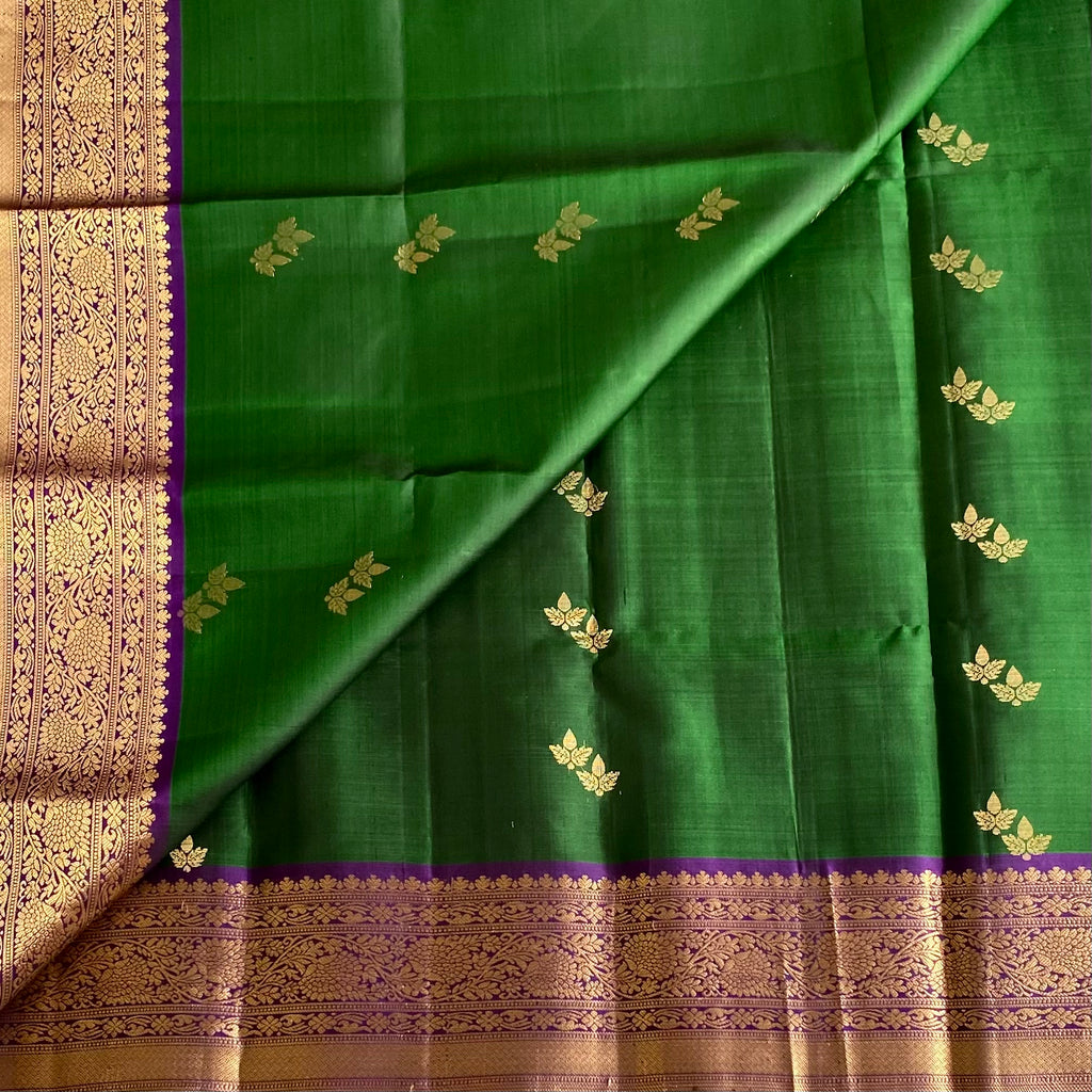 Forest Green Designer Pure Silk Saree With Cadbury Purple Pallu