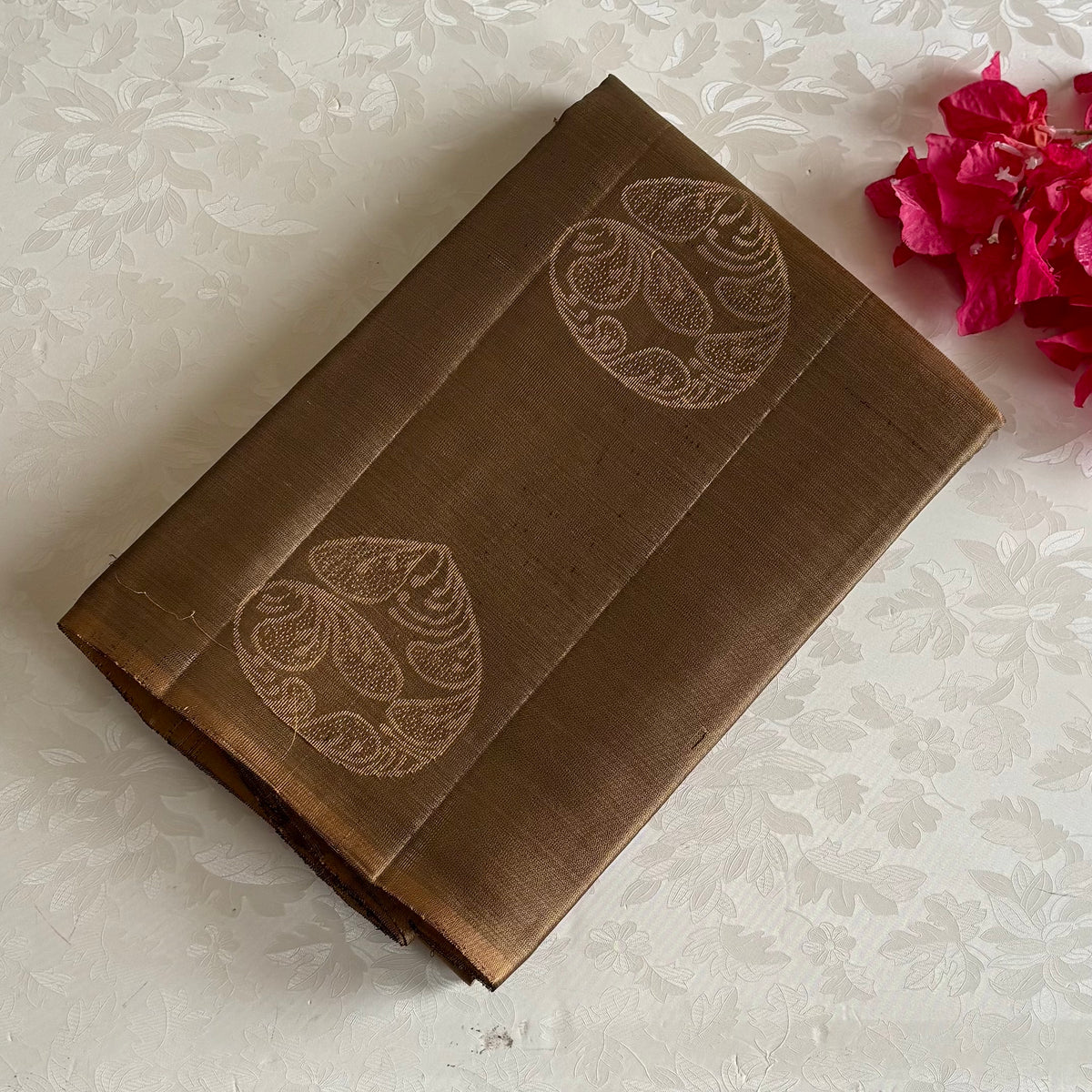 Antique Gold Designer Pure Silk Saree With Deep Maroon Pallu