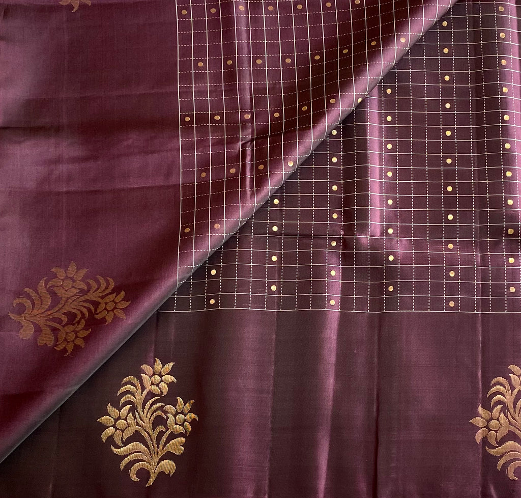 Plum Silk Saree with Champagne Pallu Rose Gold Brocade Border
