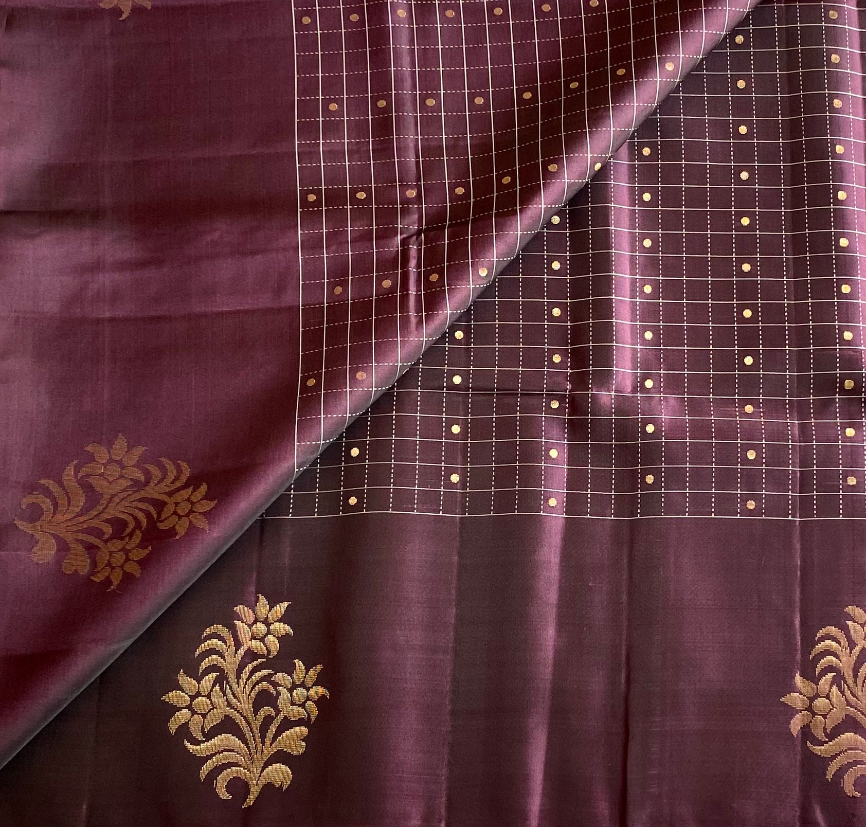 Plum Silk Saree with Champagne Pallu Rose Gold Brocade Border