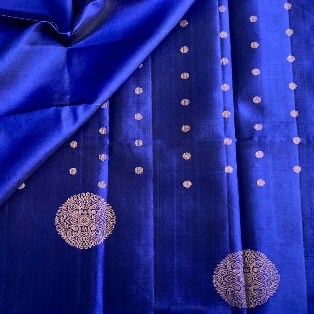 Royal Blue Designer Pure Silk Saree With Antique Gold Zari Panels