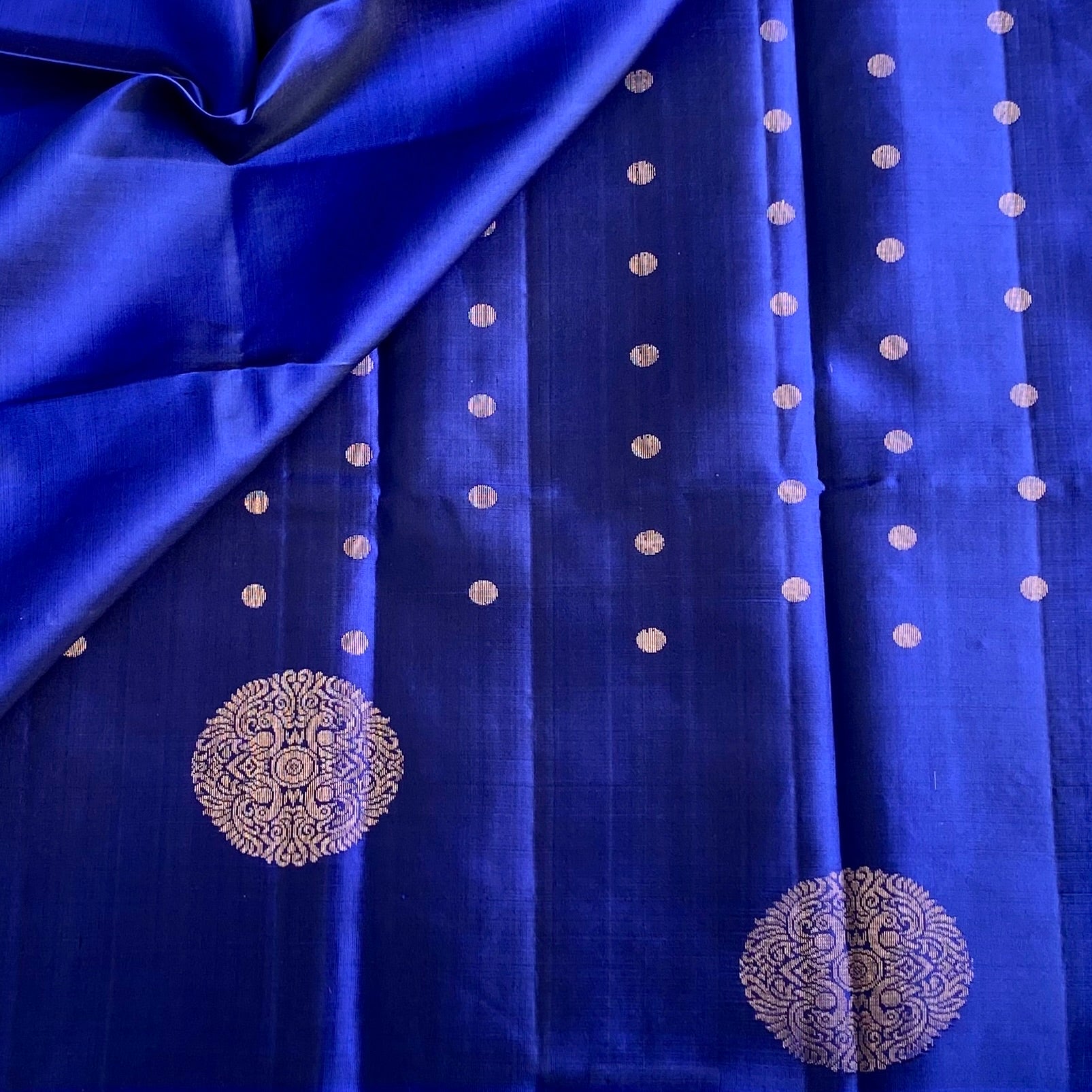 Royal Blue Designer Pure Silk Saree With Antique Gold Zari Panels
