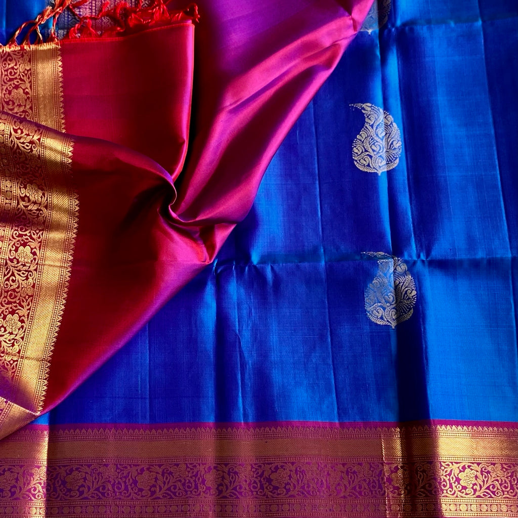 Royal Ink Blue And Deep Magenta Designer Pure Silk Saree With Gold Zari