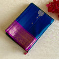 Peacock Blue Designer Pure Silk Saree With Fuchsia Purple Pallu