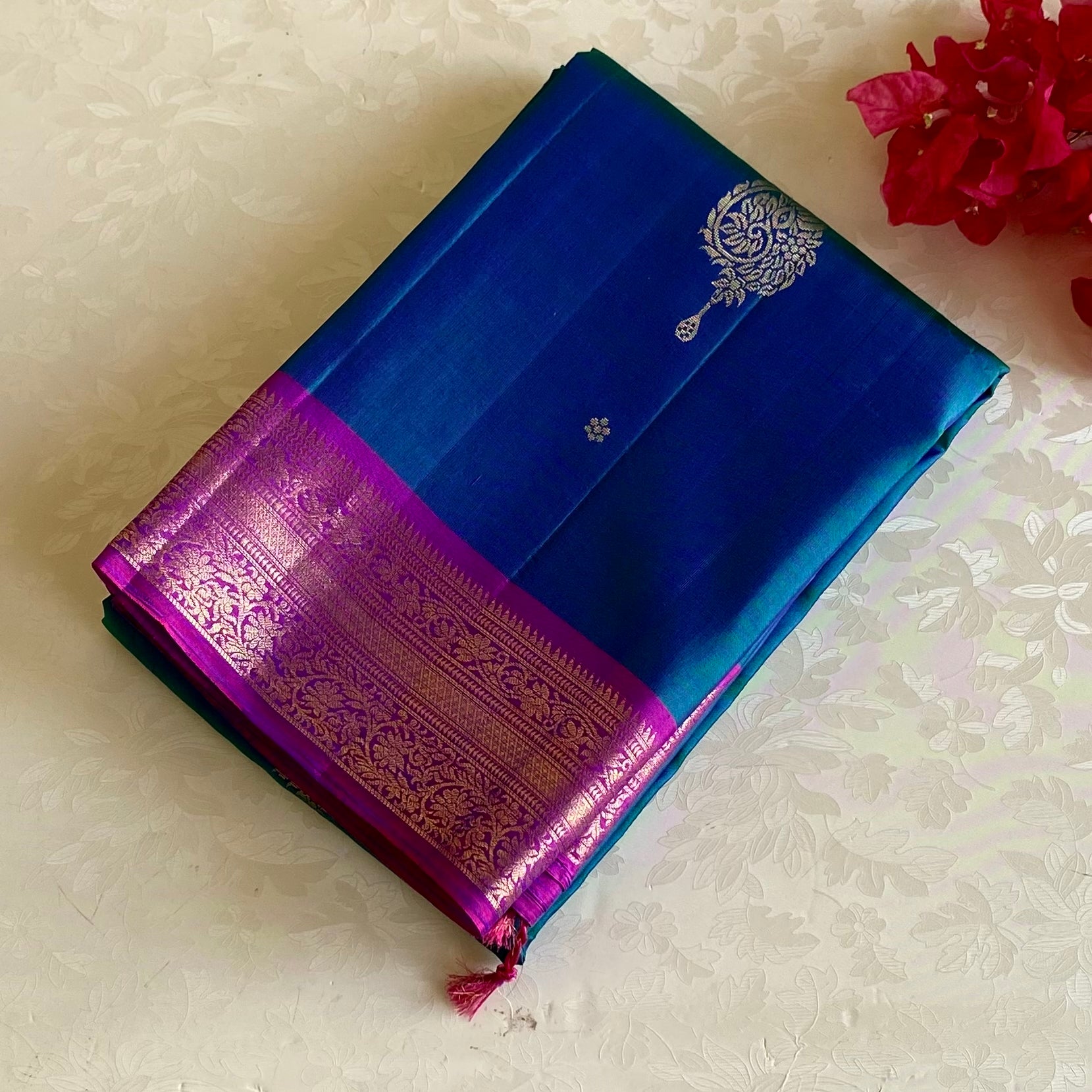 Peacock Blue Designer Pure Silk Saree With Fuchsia Purple Pallu