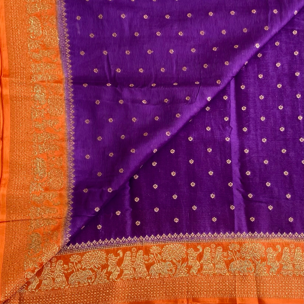 Royal Purple Soft Banarasi Crepe Saree With Tangerine Orange Pallu