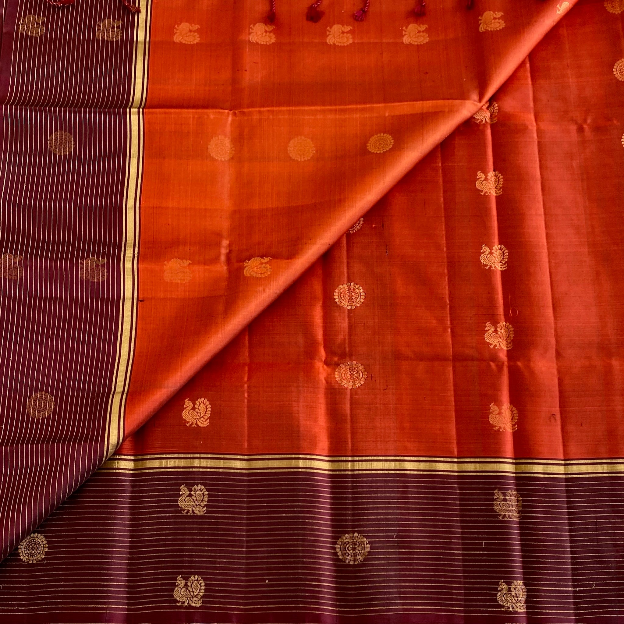 Brick Red Designer Pure Silk Saree With Deep Maroon Pallu