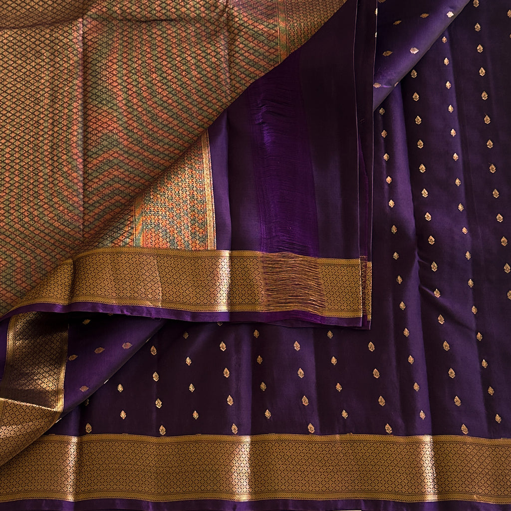 Royal Purple Silk Saree with Rose Gold Zari Buti Border