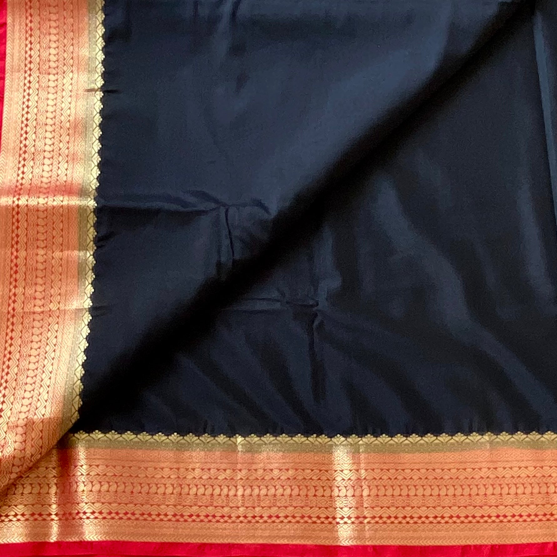 Deep Black with crimson red blended crepe silk with brocade blouse