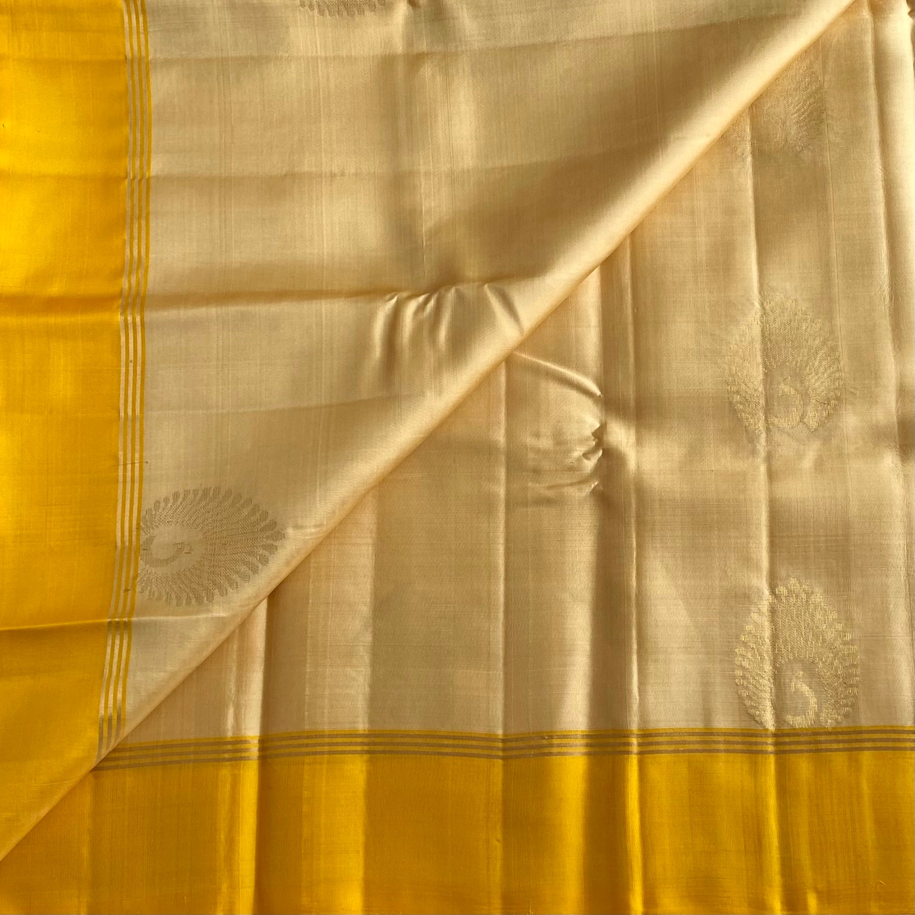 Champagne Beige with Golden Yellow Designer Pure Silk