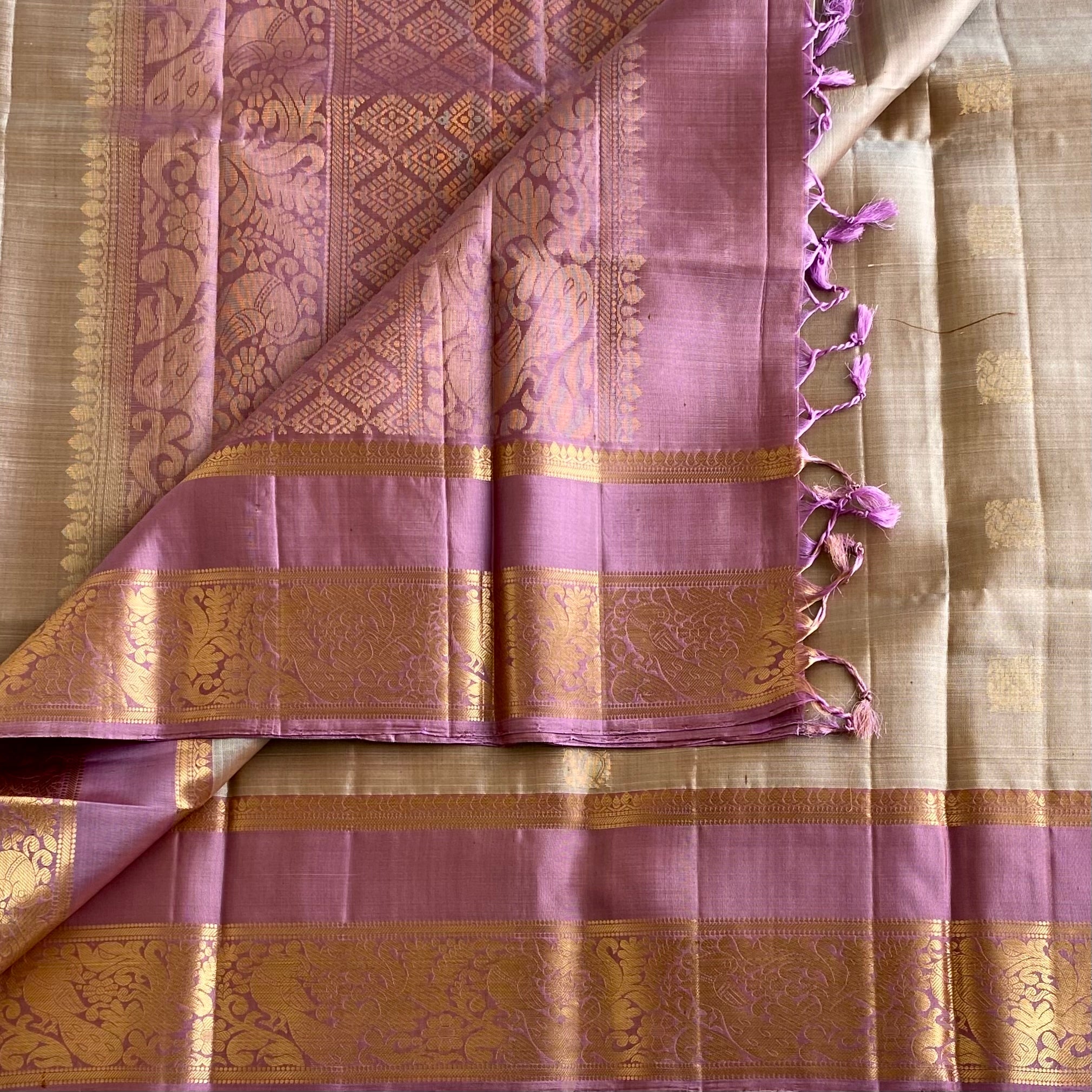 Champagne Beige Designer Pure Silk With Metallic Lavender Gold Border