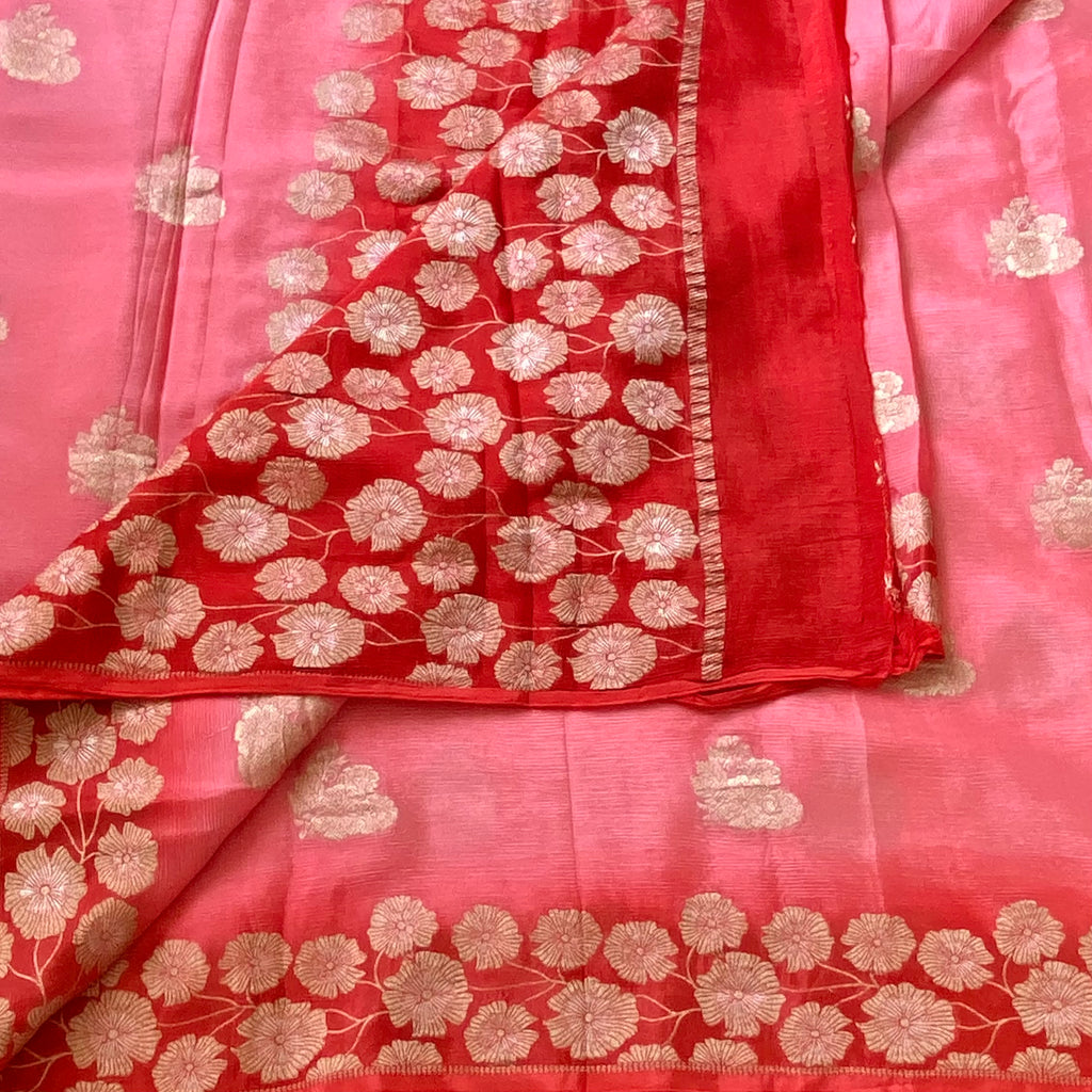 Ombre Coral with red lightest weight soft Georgette elegance