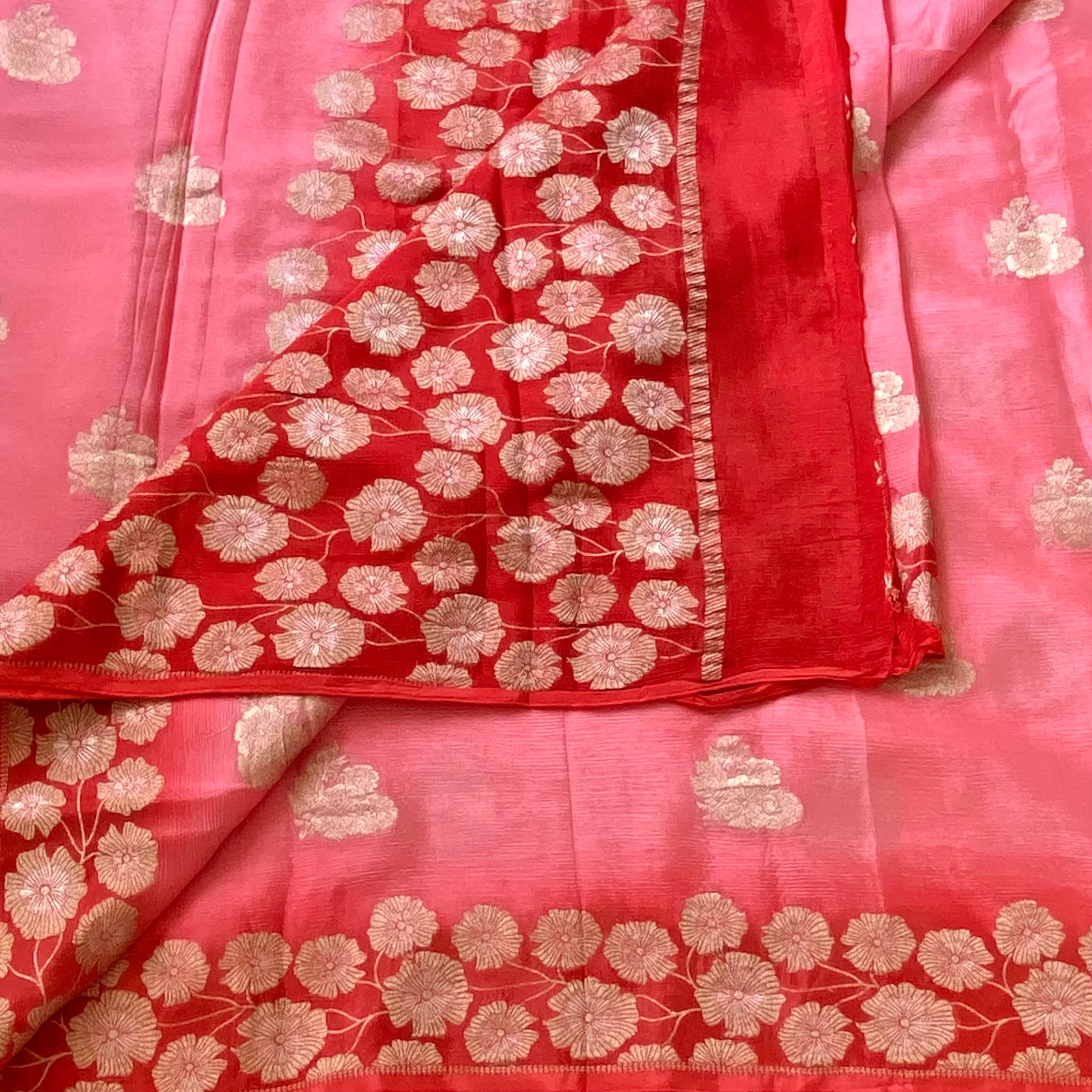 Ombre Coral with red lightest weight soft Georgette elegance