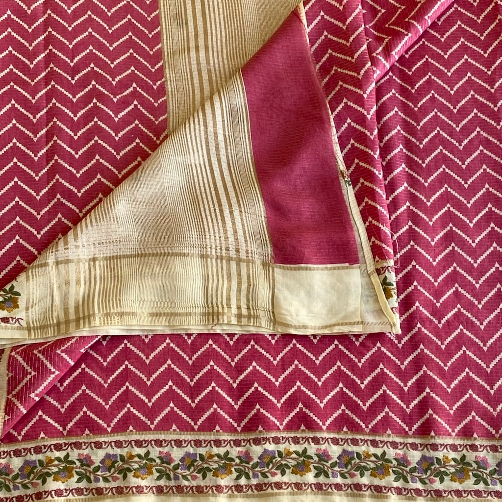 Rani Pink Soft Tussar Silk Saree With Ivory Cream Pallu Embroidered Borders