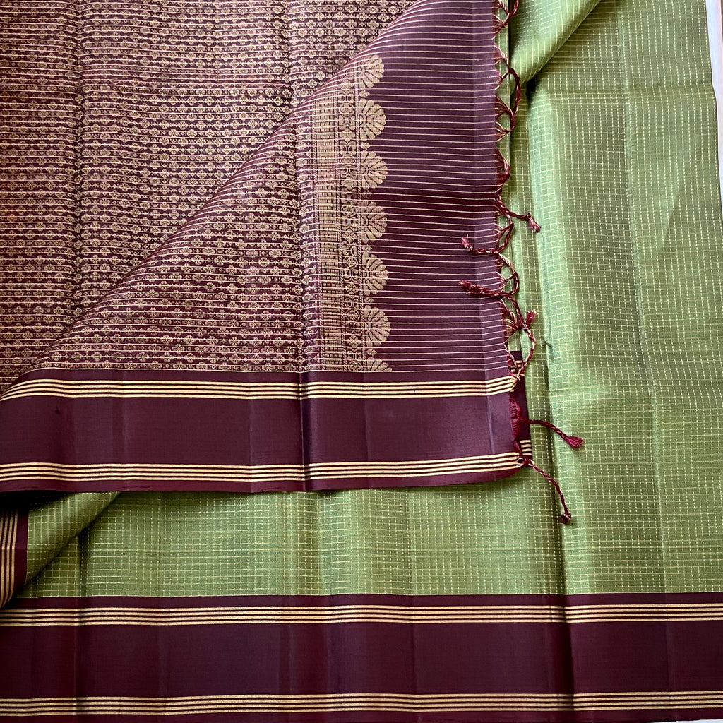 Rare Olive Beauty with checkered Wine maroon handwoven pure silk stunner
