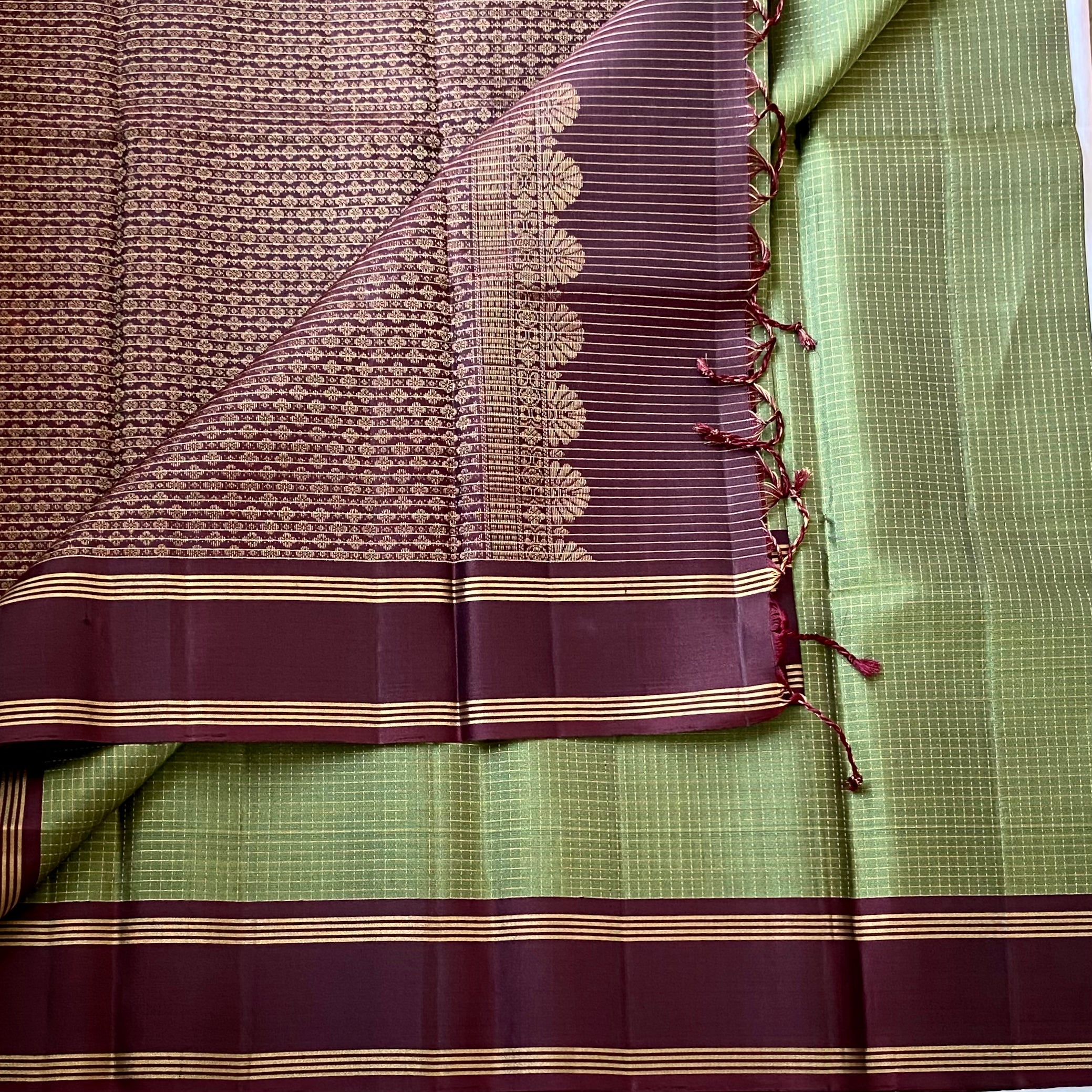 Rare Olive Beauty with checkered Wine maroon handwoven pure silk stunner