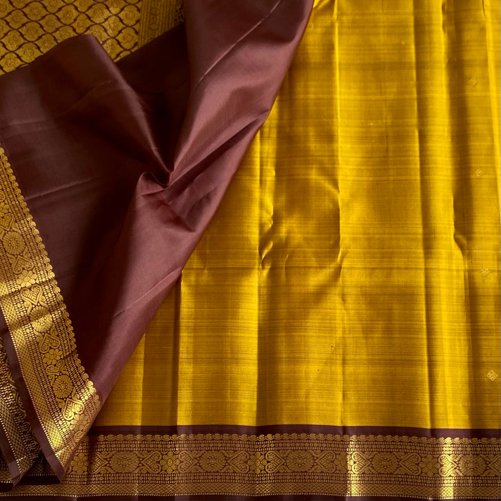 Mustard Yellow Kanjeevaram Pure Zari Silk Saree With Deep Wine Pallu