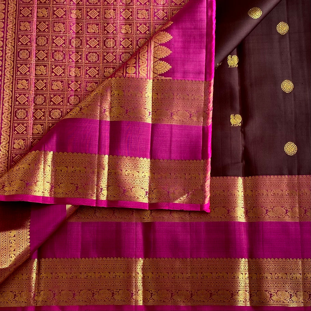 Coffee Brown Kanjeevaram Pure Zari Silk With Magenta Pink Pallu