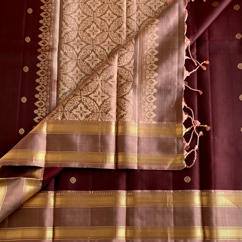 Deep Coffee Wine Designer Pure Silk Saree With Biscuit Brown Pallu