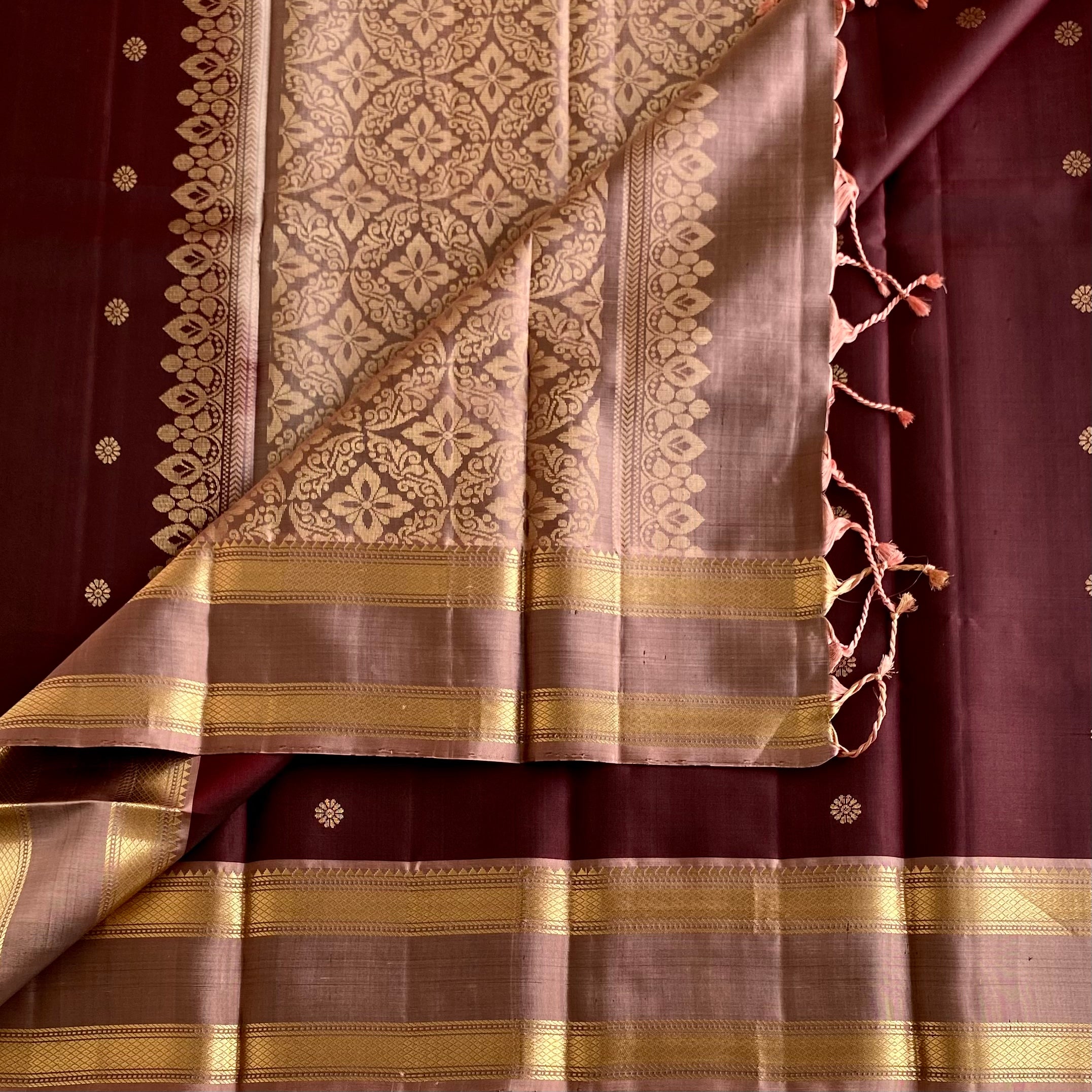 Deep Coffee Wine Designer Pure Silk Saree With Biscuit Brown Pallu