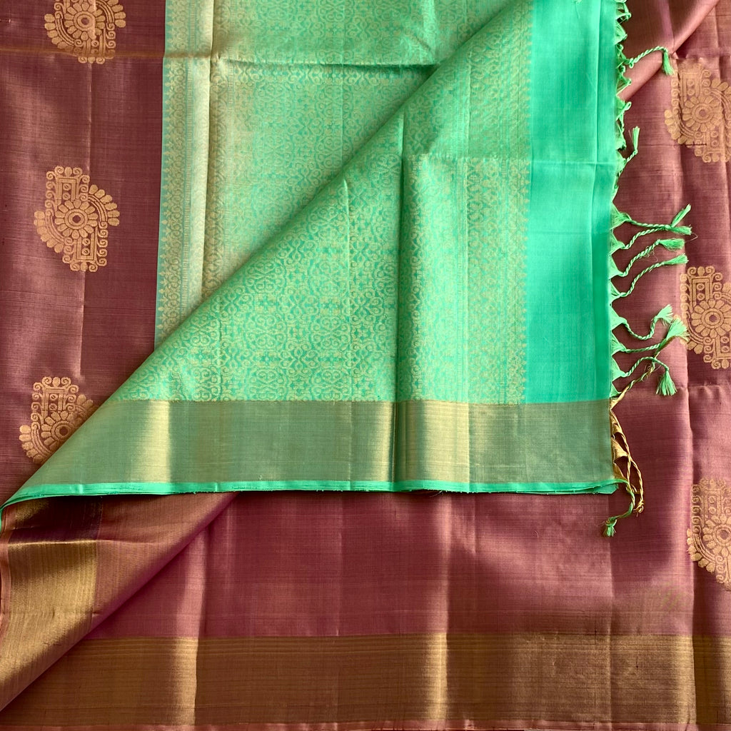 Rare Bronze Copper Designer Pure Silk Saree With Sea Green Pallu